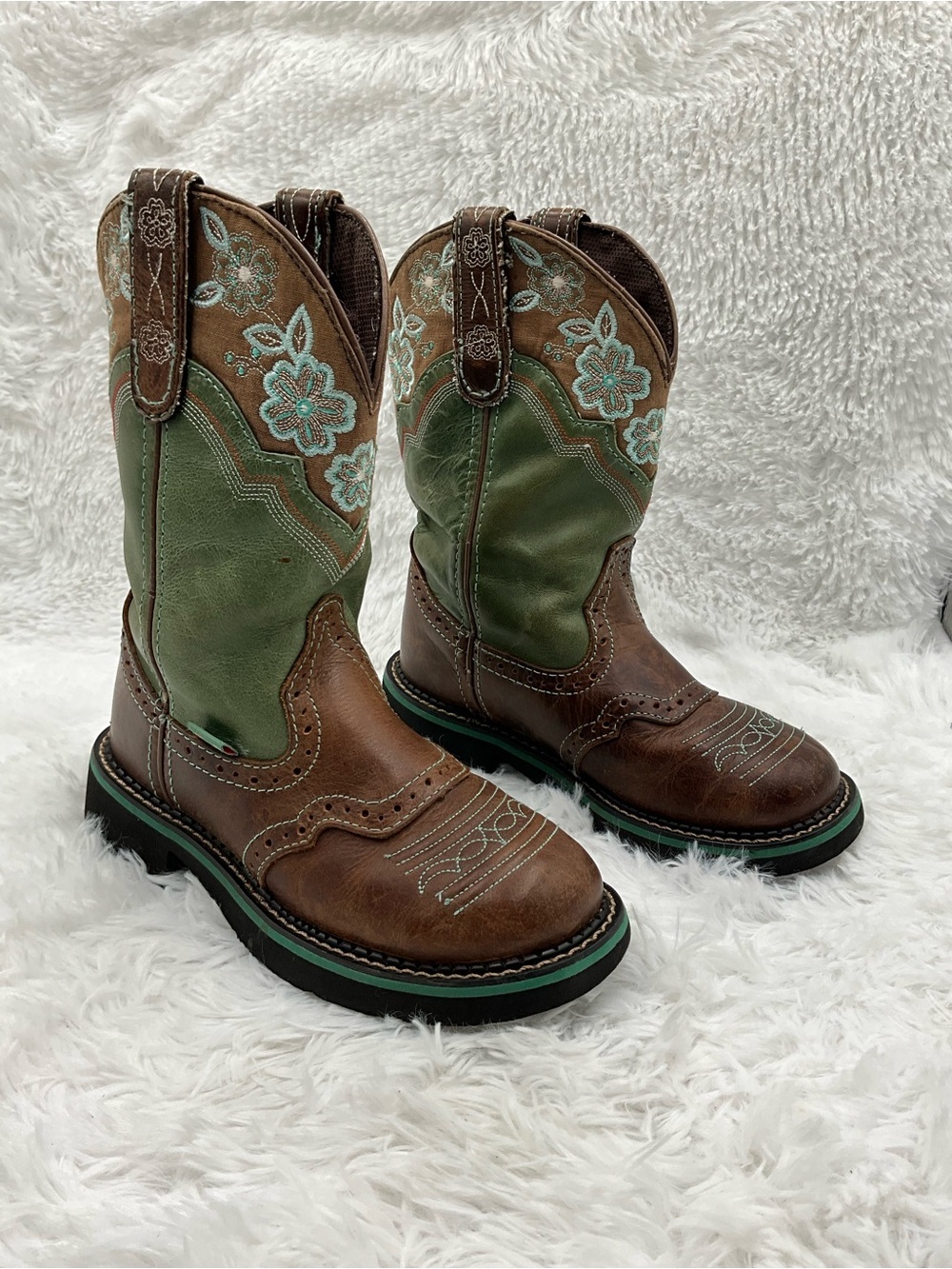 Justin Boots Size 5 Brown Genuine Leather Western Green Floral Embroidered